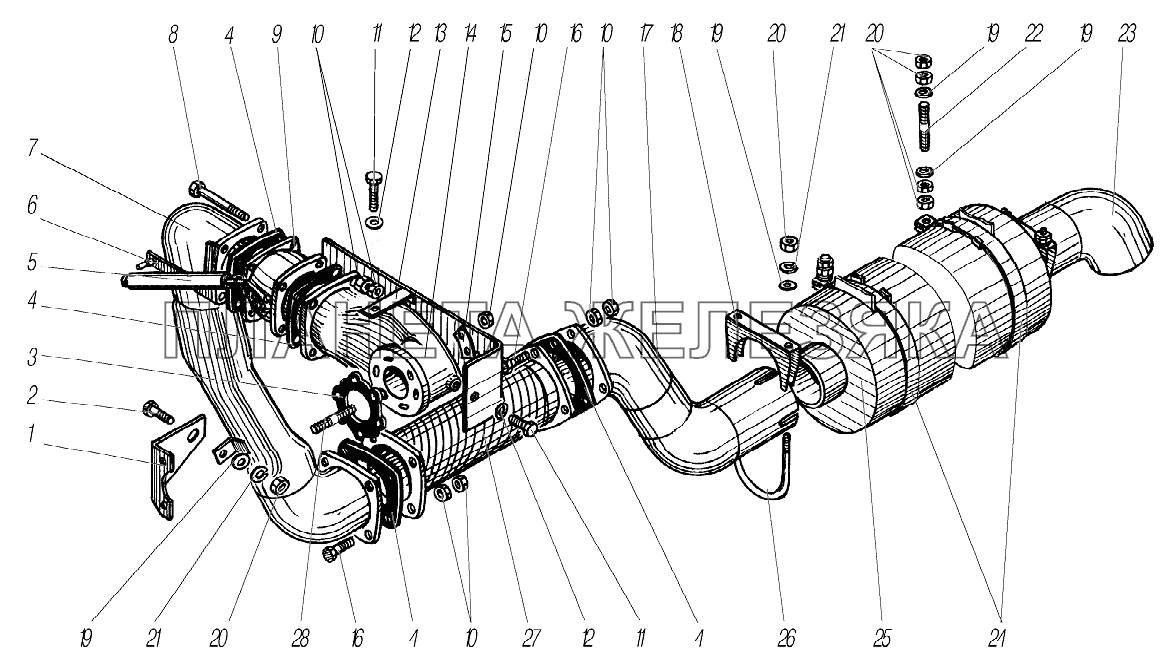 Cистема выпуска газов для автомобилей 4320-0000110-61, 4320-0000111-61И03, 4320-0001112-61Р02, 5557-0001122-60, 55571-0001121-60Р02 УРАЛ-4320-61