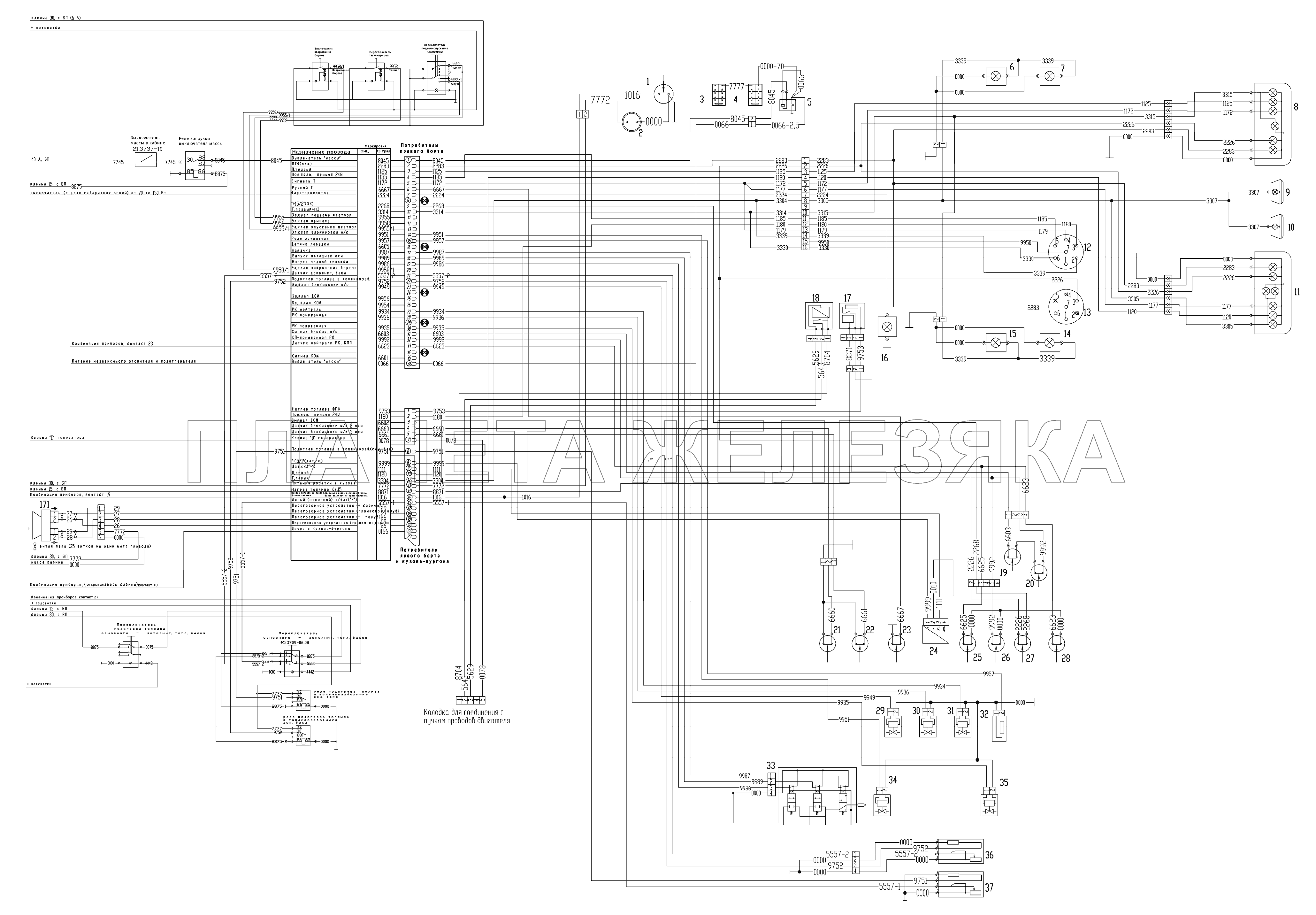 Схема электрооборудования шасси (без кабины) УРАЛ-4320-6951-74