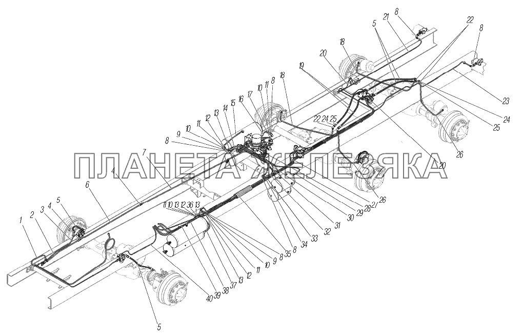 Трубопроводы и шланги пневматического привода рабочих тормозов УРАЛ-4320-6951-74