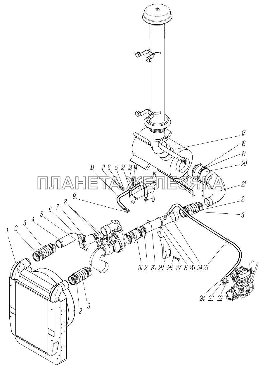 Система питания двигателя воздухом на автомобили 4320-0004951-80М, 4320-0004951-82М, 4320-0004952-80М, 4320-0004952-82М УРАЛ-4320-80М/82М