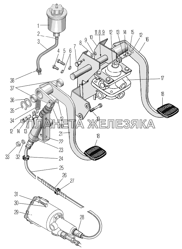 Привод педалей сцепления и тормоза УРАЛ-4320-80М/82М