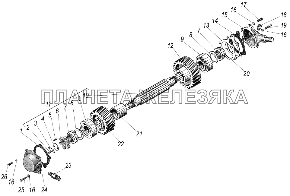 Промежуточный вал раздаточной коробки и привод спидометра УРАЛ-4320-80М/82М