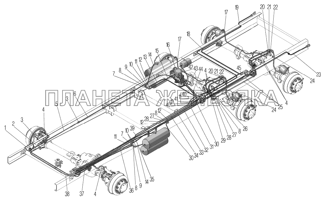 Трубопроводы и шланги пневматического привода рабочих тормозов УРАЛ-4320-80М/82М