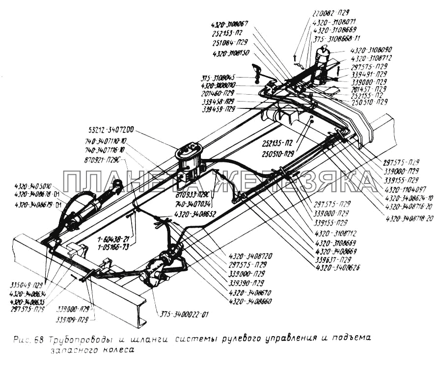 Трубопроводы и шланги системы рулевого управления и подъема запасного колеса УРАЛ-4320