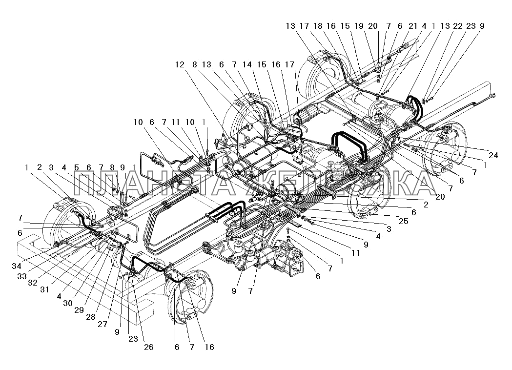 Крепление трубопроводов и шлангов пневмогидравлического привода рабочих тормозов УРАЛ-4320-31