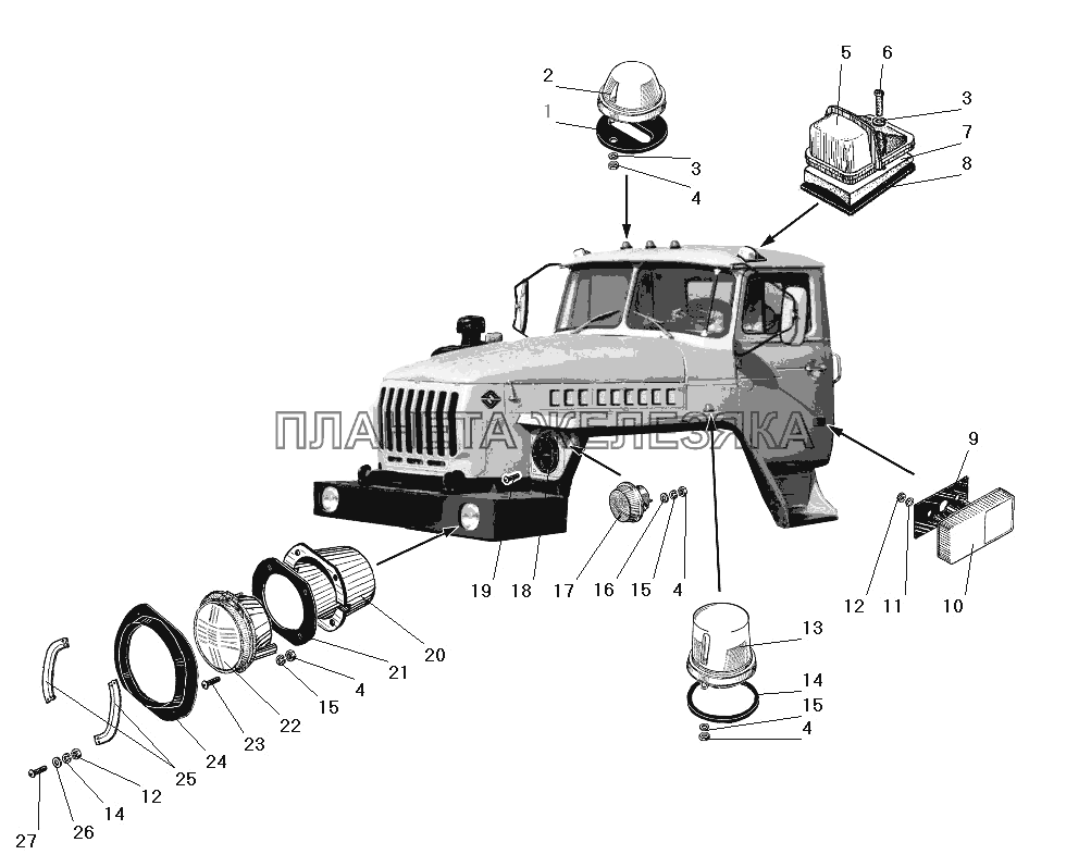 Установка фар, фонарей знака автопоезда, передних, габаритных и боковых повторителей УРАЛ-4320-31