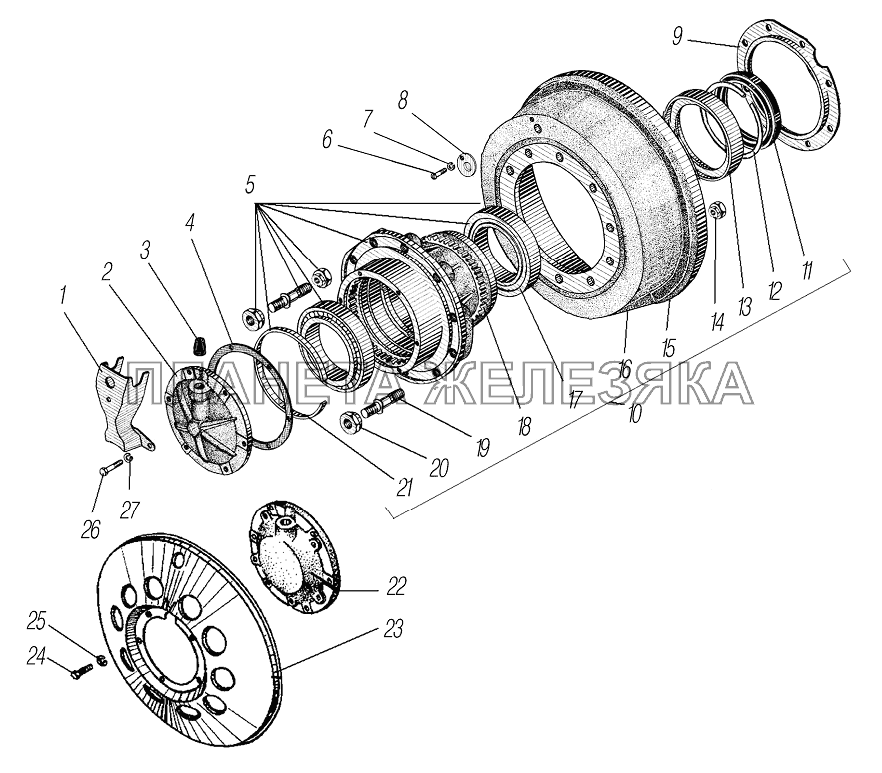 Ступица колеса и тормозной барабан переднего и заднего моста (с АБС) УРАЛ-43204-1153-70