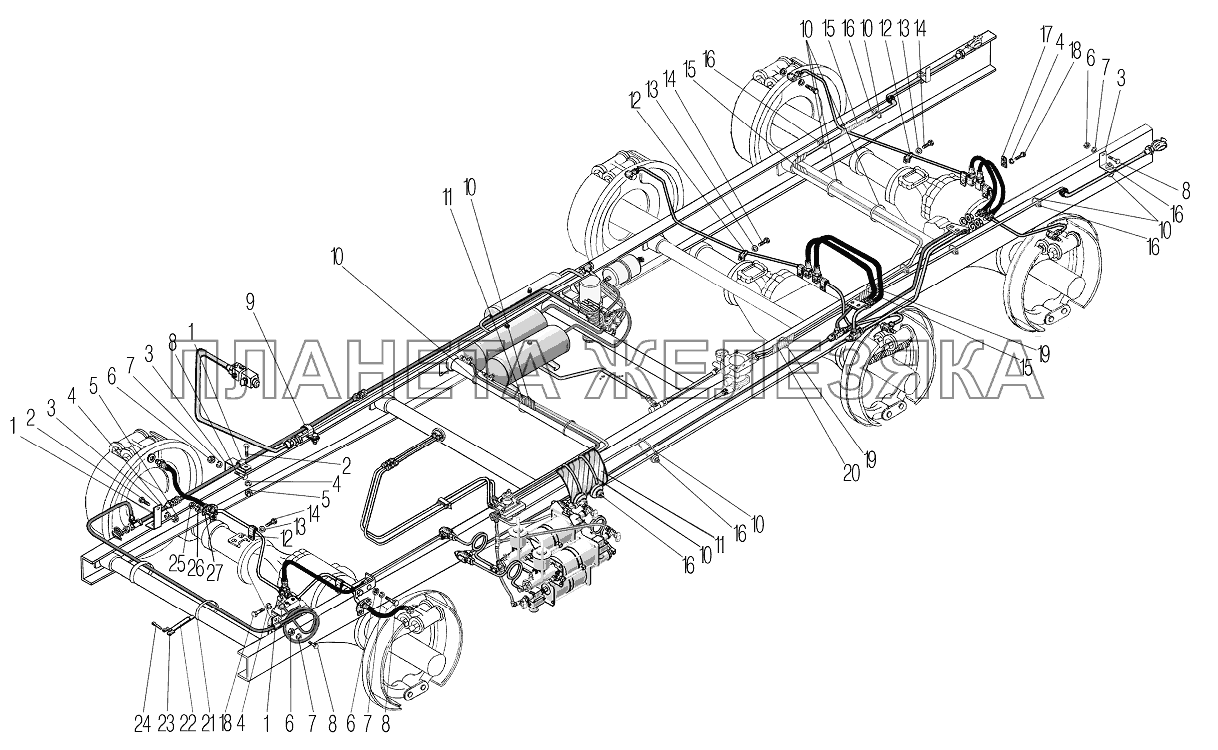 Крепление трубопроводов и шлангов пневмогидравлического привода рабочих тормозов УРАЛ-4320-1958-70И