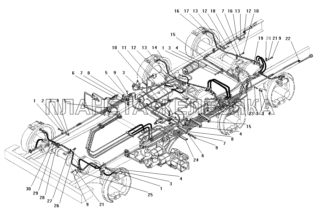Крепление трубопроводов и шлангов пневмогидравлического привода рабочих тормозов (Без АБС см. Приложение №1) УРАЛ-4320-41