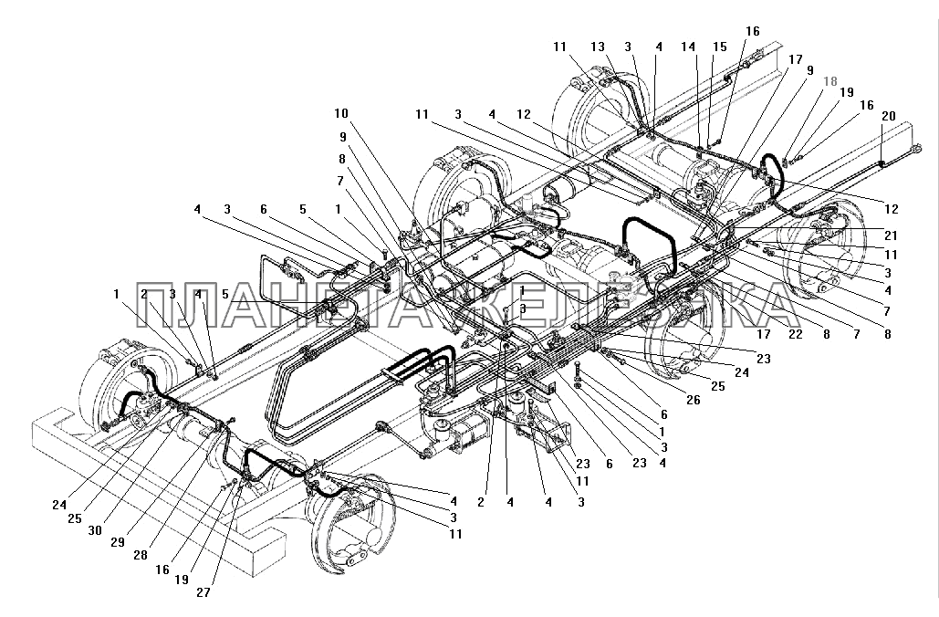 Крепление трубопроводов и шлангов пневмогидравлического привода рабочих тормозов без АБС УРАЛ-4320-41