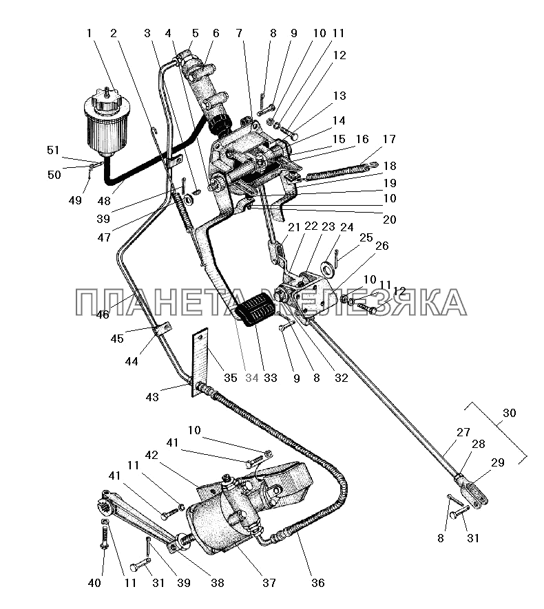 Привод управления сцеплением и тормозным краном УРАЛ-4320-41