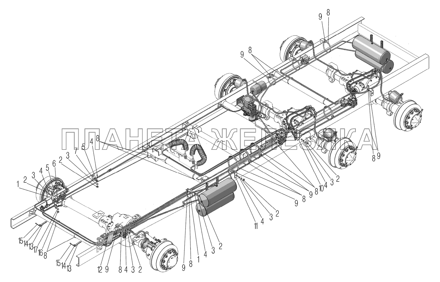Крепление трубопроводов и шлангов пневматического привода рабочих тормозов УРАЛ-44202-3511-80М