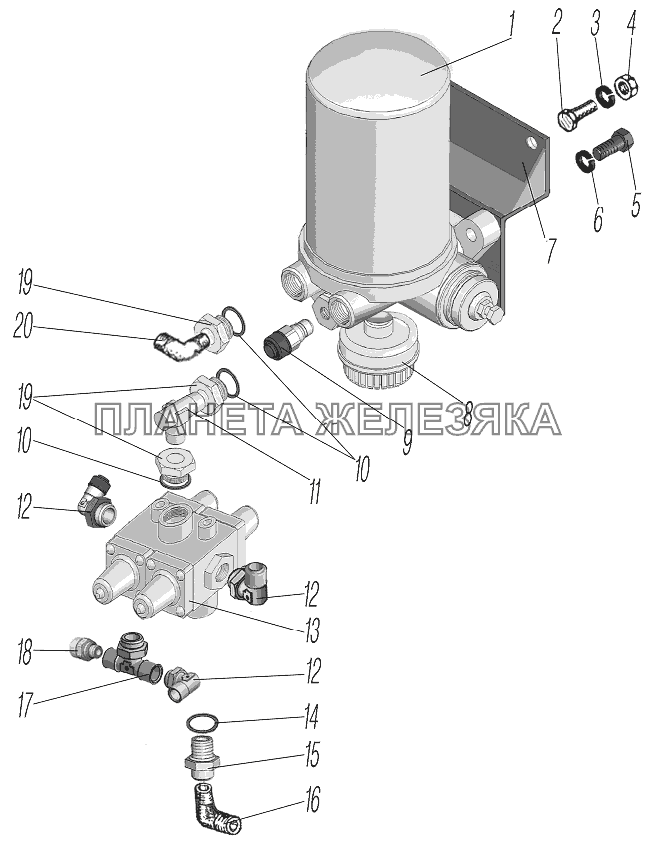 Установка влагомаслоотделителя и 4-х контурного защитного клапана УРАЛ-4320-1951-58