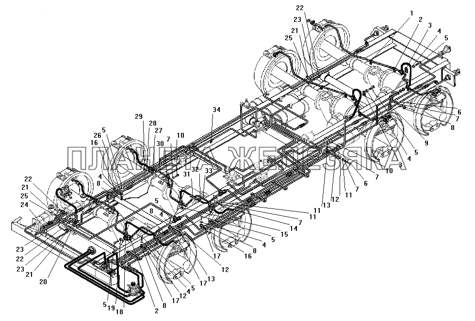 Крепление трубопроводов и шлангов гидропневматического привода рабочих тормозов УРАЛ-532301