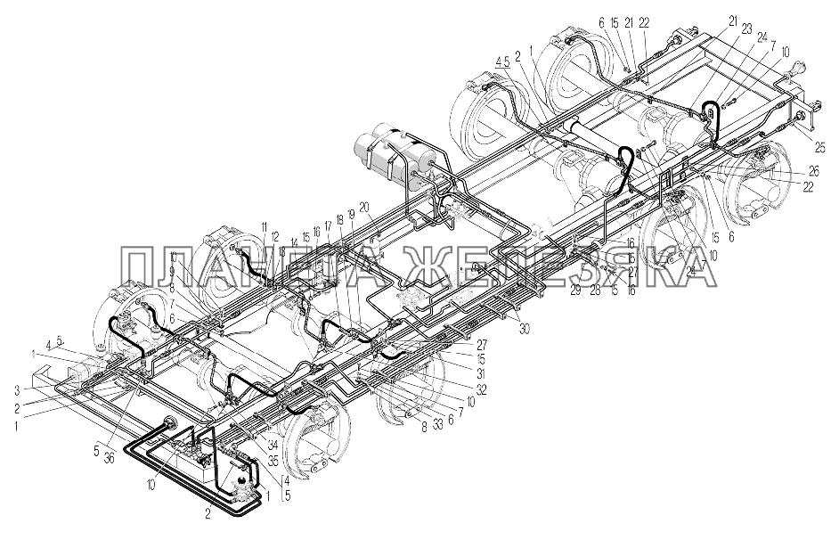 Крепление трубопроводов и шлангов пневмогидравлического привода рабочих тормозов для автомобилей Урал 532361 и 532362 УРАЛ-532361