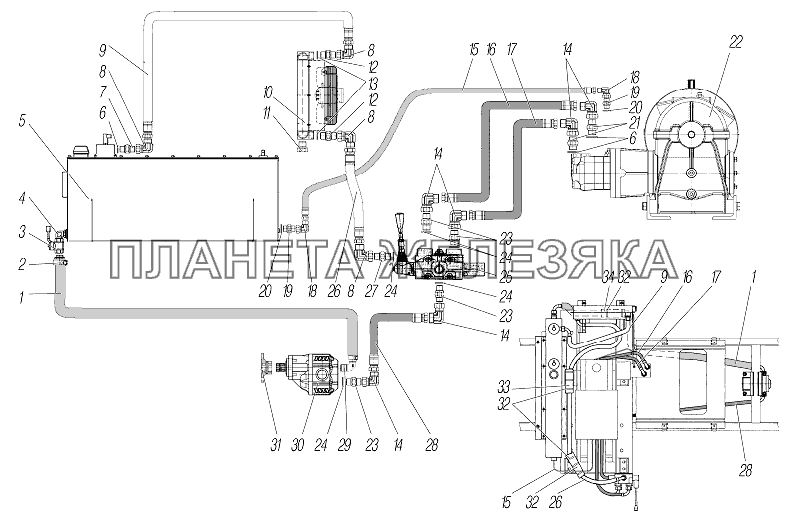 Монтажная схема гидропривода лебедки для автомобилей Урал 542301-17-10 УРАЛ-532361