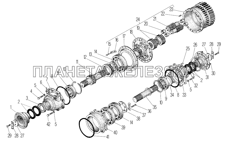 Вал привода переднего моста, дифференциал и вал привода заднего моста раздаточной коробки УРАЛ-532361