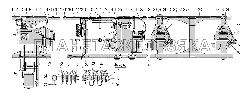 Установка пневмоуправления для автомобилей Урал 532361-312, 532361-312П, 532362-1026, 532362-1042, 542301-11-10, 542301-17-10, 542301-117-10 УРАЛ-532361