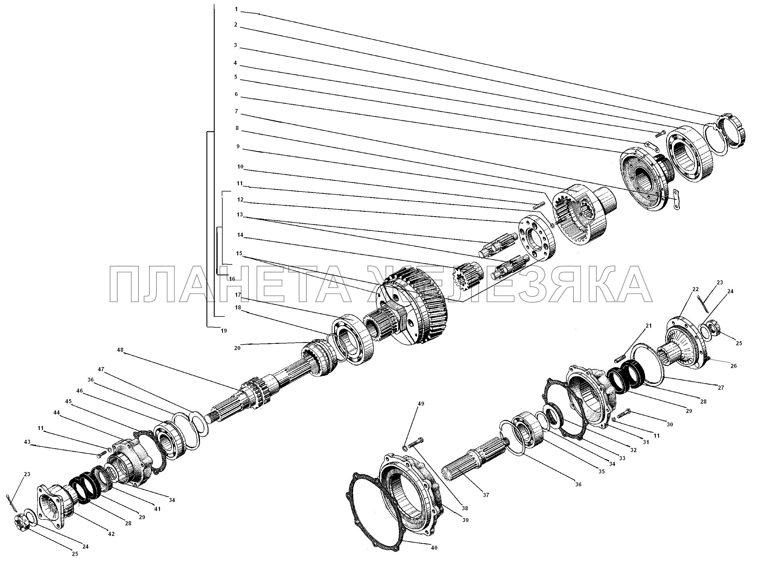 Вал привода переднего моста, дифференциал и вал привода заднего моста раздаточной коробки УРАЛ-5557-31