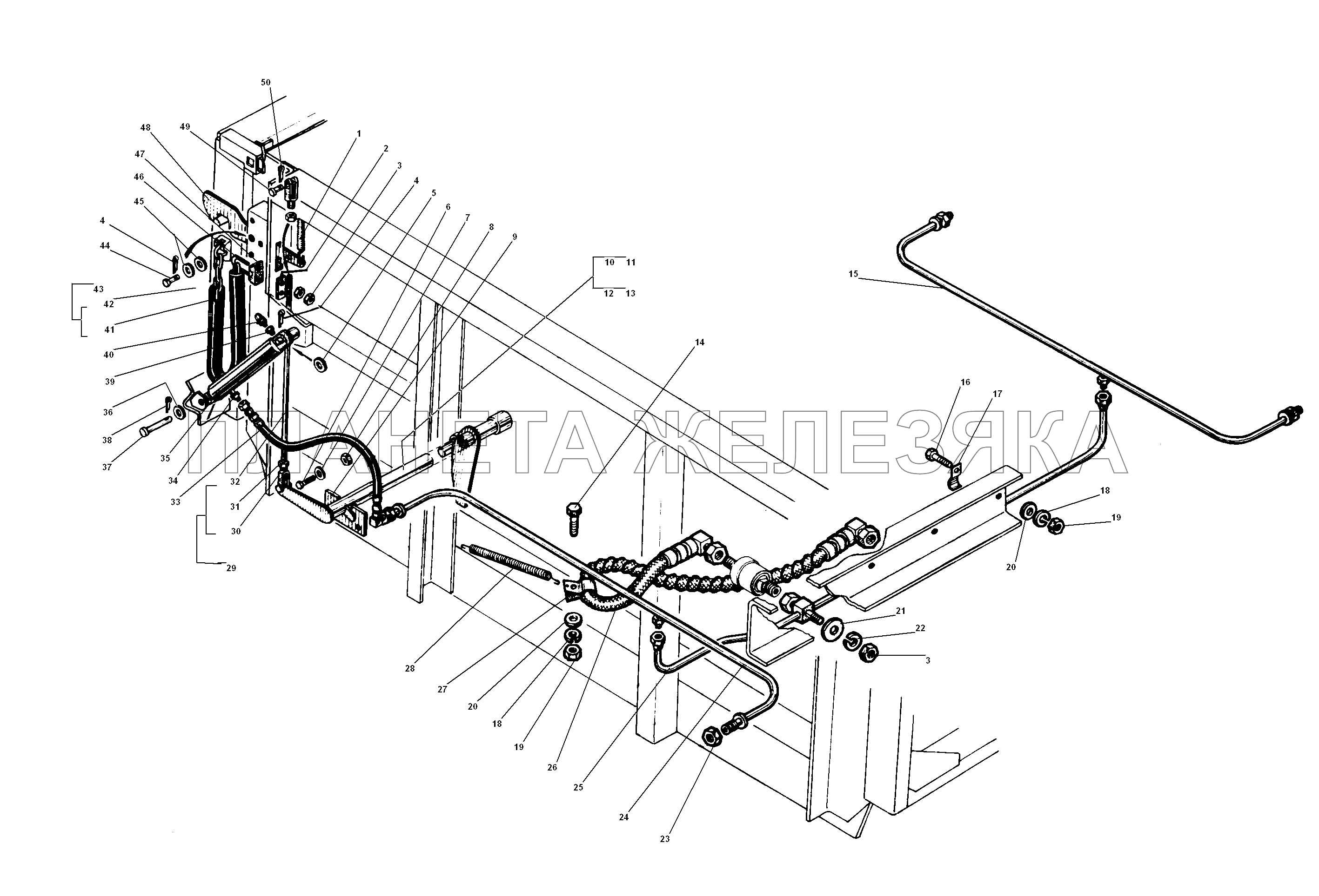 Механизм закрывания боковых бортов платформы и трубопроводы УРАЛ-5557-31