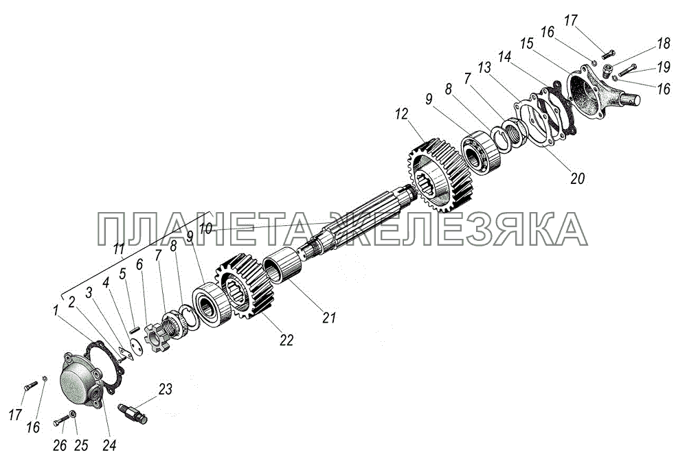 Промежуточный вал раздаточной коробки и привод спидометра УРАЛ-55571-1121-70