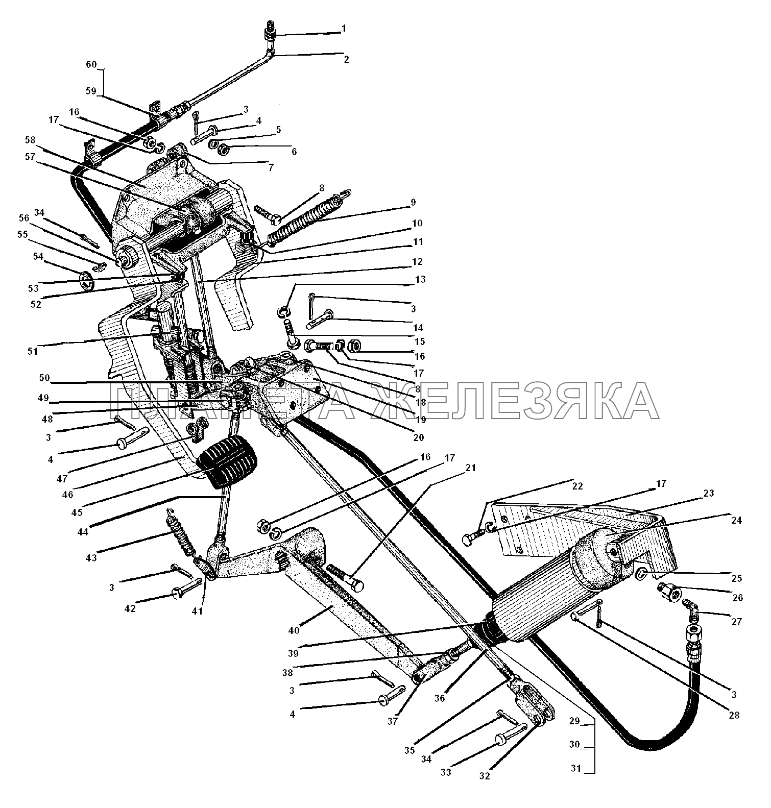 Привод педалей диафрагменного сцепления и тормоза УРАЛ-55571-30