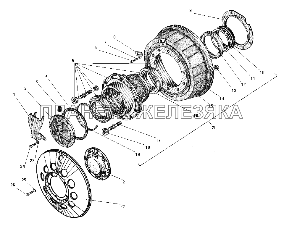 Ступица колеса и тормозной барабан среднего моста УРАЛ-55571-40