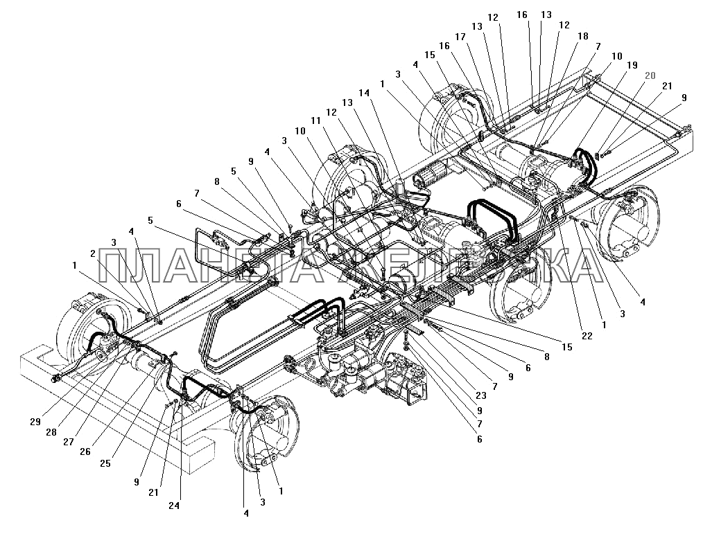 Крепление трубопроводов и шлангов гидропневматического привода рабочих тормозов УРАЛ-55571-40