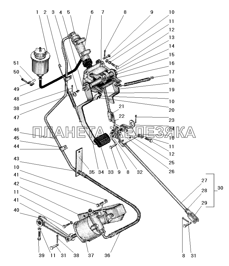 Привод педалей сцепления и тормоза с пневмогидроуправлением УРАЛ-55571-40