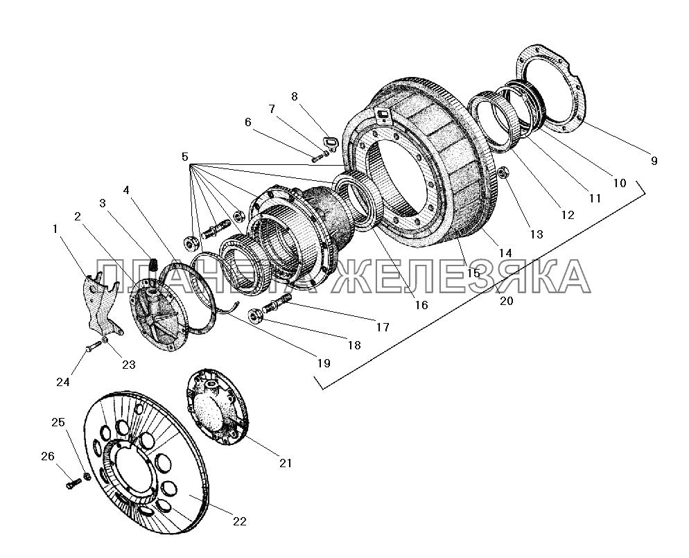 Ступица колеса и тормозной барабан среднего моста (Устанавливается на все мосты без АБС) УРАЛ-5557-40