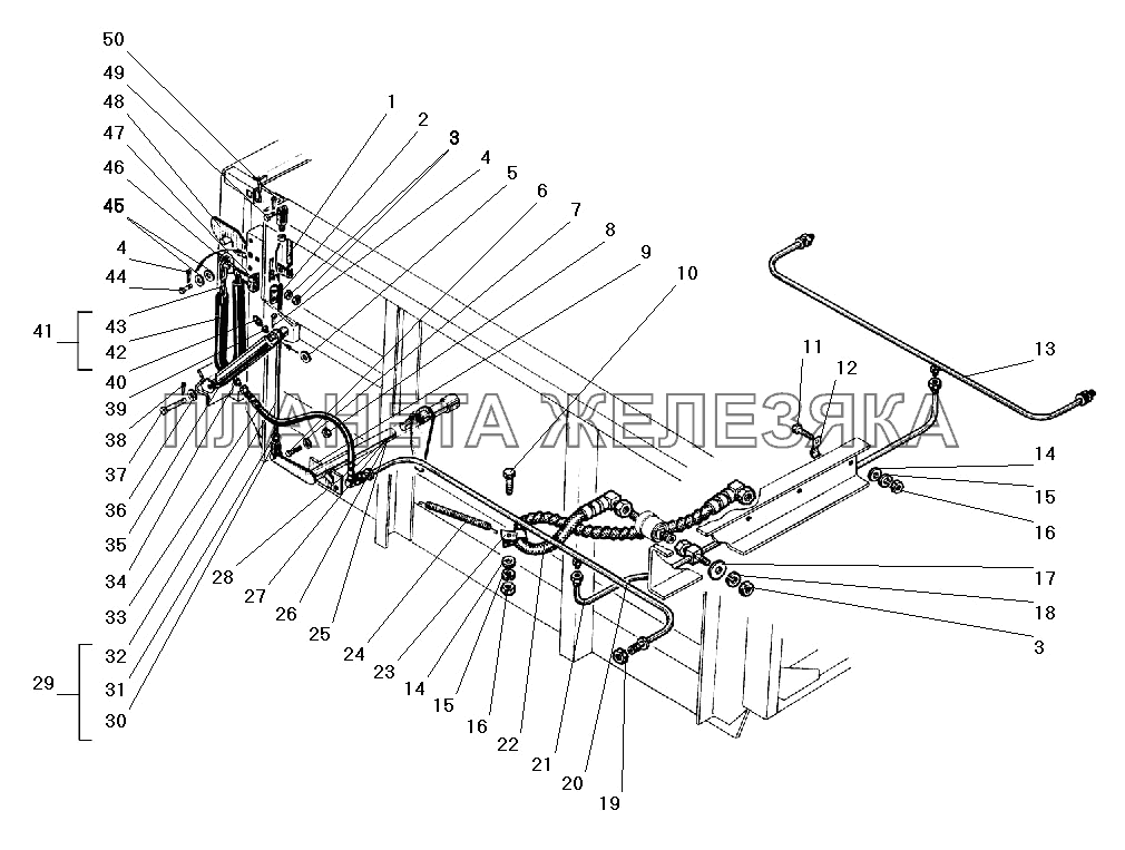 Механизм закрывания боковых бортов платформы и трубопроводы УРАЛ-5557-40