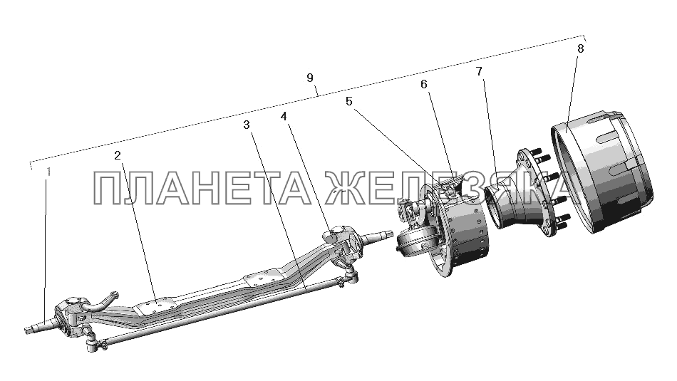Ось передняя со ступицей и тормозом УРАЛ-63674
