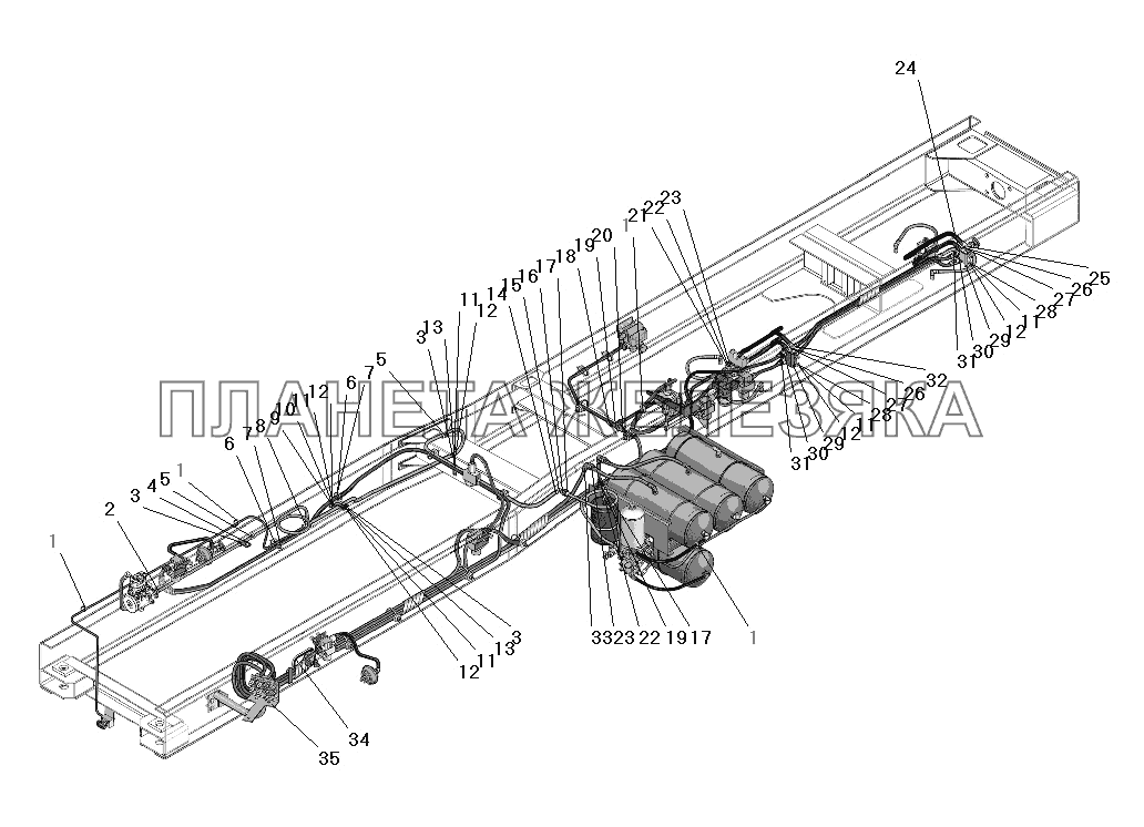 Крепление трубопроводов и шлангов привода рабочих тормозов УРАЛ-63685