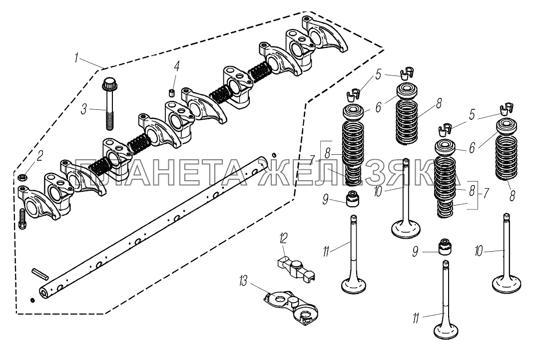 Клапаны, коромысла, ось коромысел УРАЛ-6370-1121