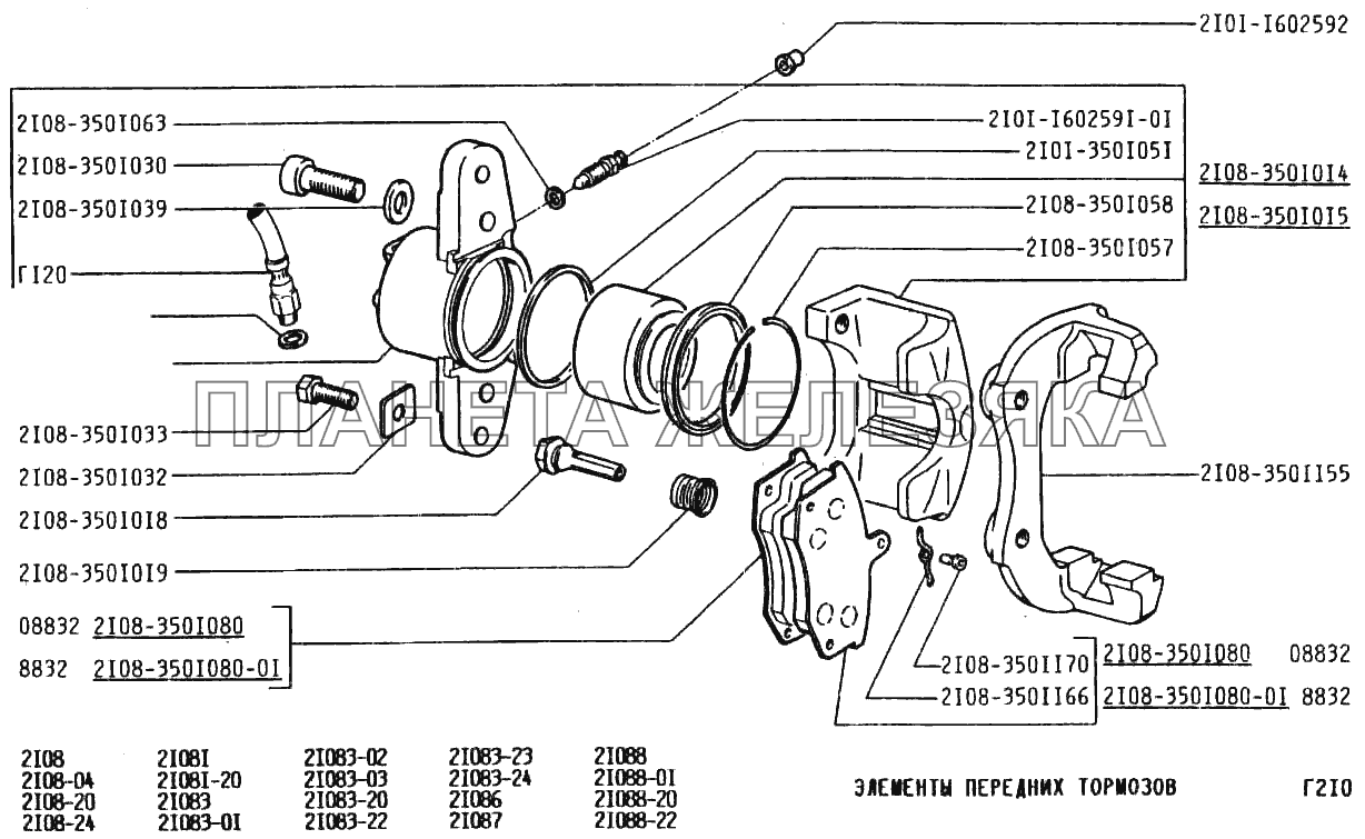 Элементы передних тормозов ВАЗ-2108