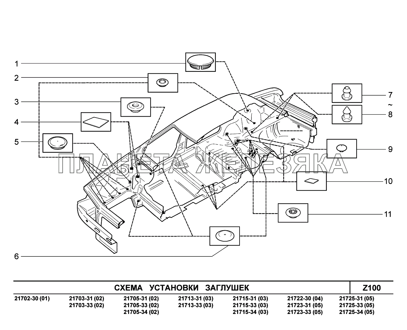 Z100. Схема установки заглушек ВАЗ-2170 
