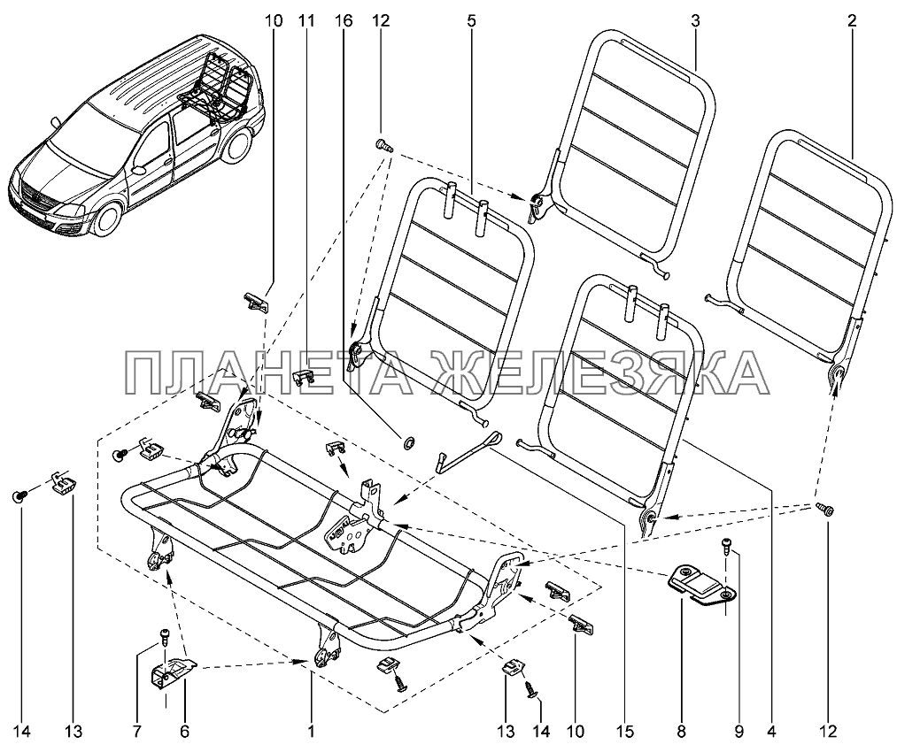 Каркас сидений задних 3-й ряд (1/2) Лада Ларгус 4601