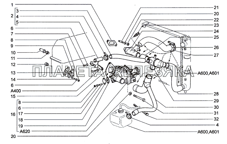 Насос водяной и трубопроводы Chevrolet Niva 1.7