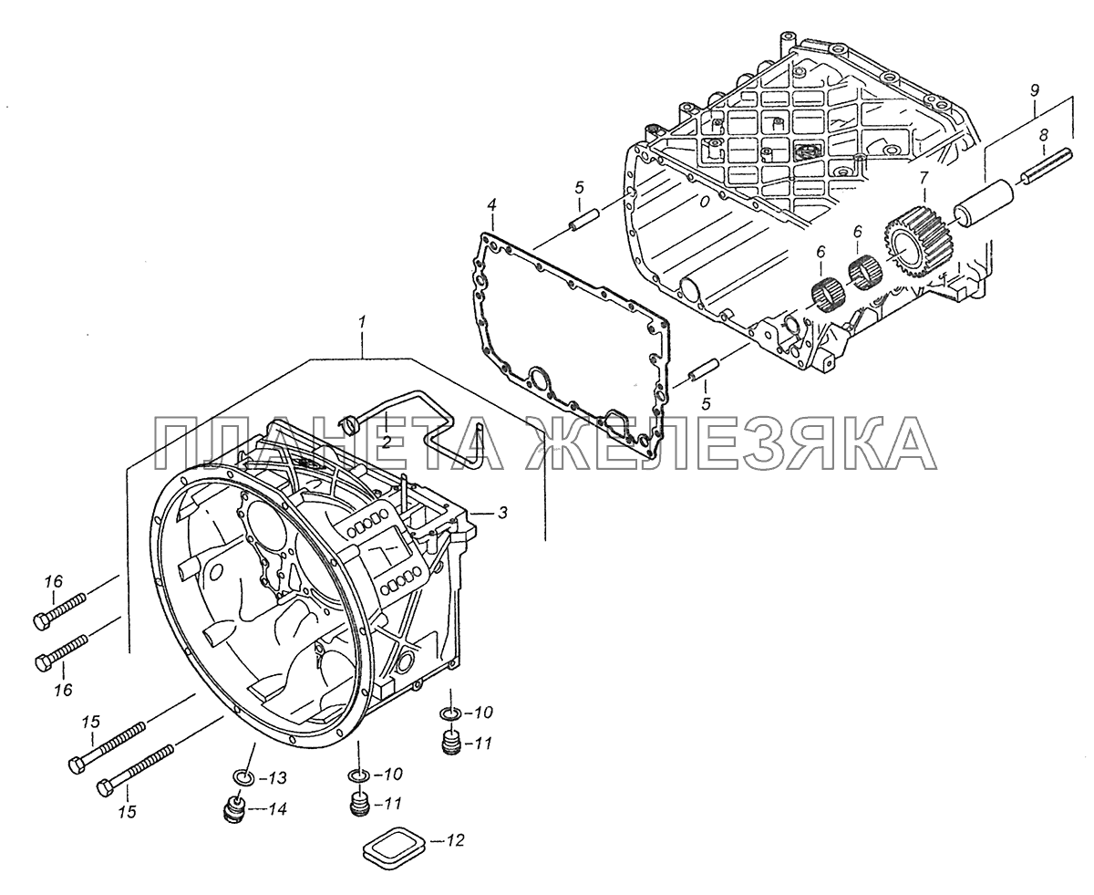 Установка картера сцепления КПП ZF 16S151 Установка картера сцепления КПП ZF 16S151